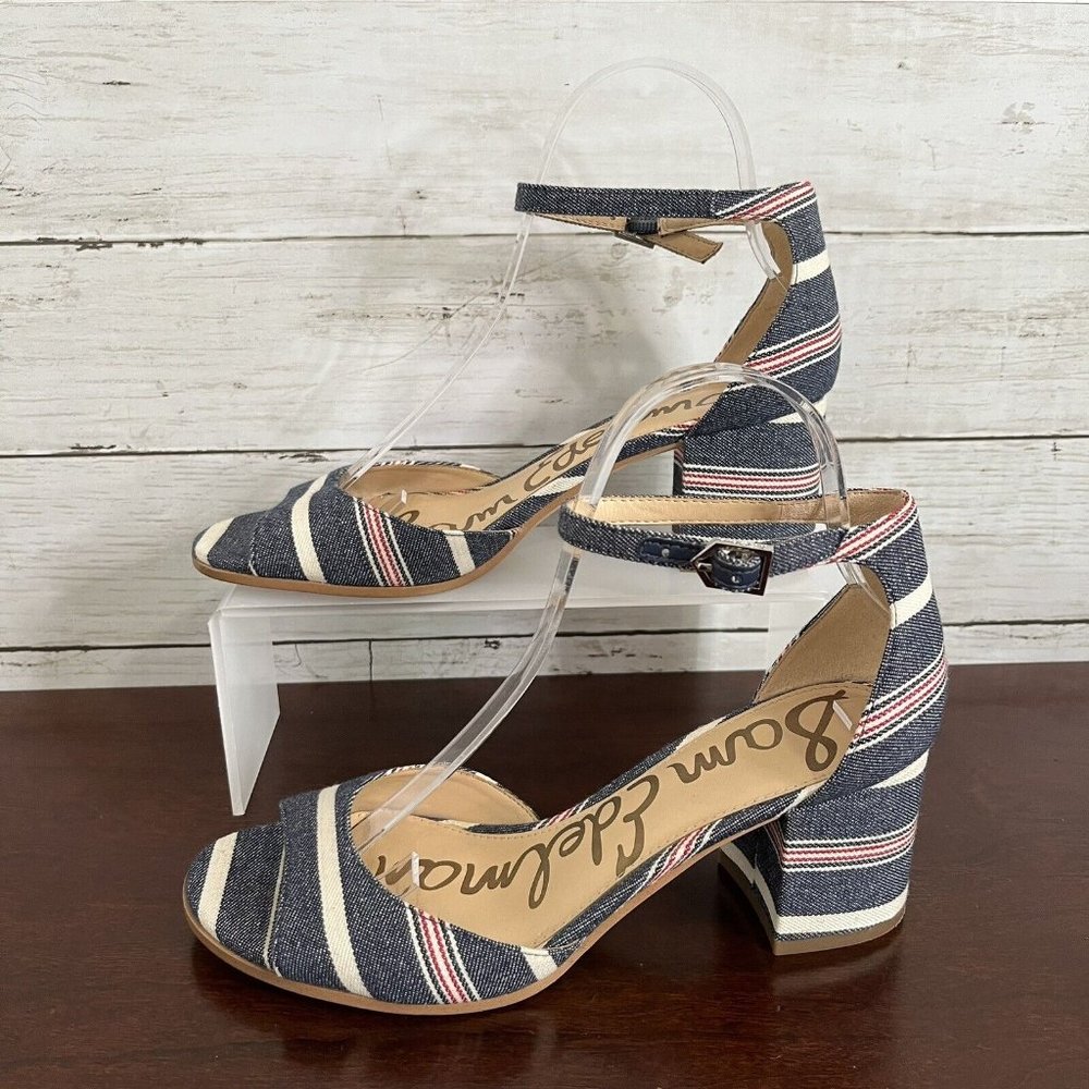 Sam Edelman Women's Denim Stripe Susie Ankle Buckle Heels 7.5 M Red White Blue - Picture 2 of 11